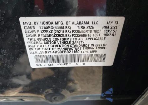 2014 Honda Pilot Touring из США, поврежденный, VIN 5FNYF4H99EB021160